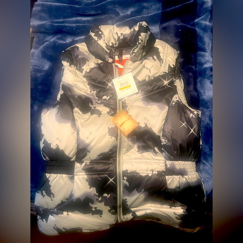 NWT Puma Women’s Down Vest Camouflage Camo Black Silver Gray S Long Length